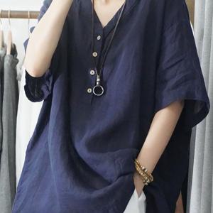 TEMU 여성 여름 브이넥 반팔 티셔츠 면 혼방 단추 디자인 빅 사이즈 루즈핏 캐주얼 셔츠 상의 빈티지
