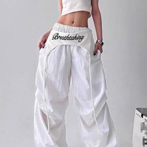 TEMU 여름 데일리 캐주얼 밴딩 트레이닝 통기성 슬랙스 팬츠 레이어드 스트랩 빈티지 루즈핏 편안한 레터링 힙합 바지 슬림소녀 SLIM GIRL