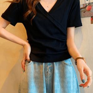 TEMU 여름 신상 크로스 V넥 반팔 티셔츠 여성용 슬림 핏 몸매보정 올인원 순색 숏 컷 상의