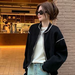 TEMU 레트로 캐주얼 숏 베이스볼 유니폼 여성용 가을 신상 루즈 블랙 카디건 재킷