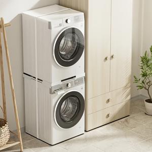 TEMU 공간절약 필수템 세탁기·건조기 적층키트(조절형)｜24~27인치(약 60.96~68.58cm) 프론트로드 호환｜고정벨트·미끄럼방지패드 4개 포함(진동완화)｜강화 PP 판넬·보강 스틸튜브 구조·최대하중 150kg 지지｜원룸·아파트·세탁실·다용도실 공간정리·청소 편리｜간편 조립·2인 설치 권장