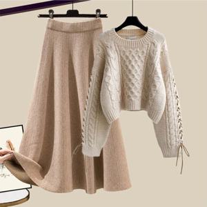 TEMU 2025신상 2pcs 여성 가을 라운드넥 꽈베기 니트 하이웨스트 니트스커트 투피스세트 빅사이즈 편한 캐주얼 날씬해보이는 코디세트 LKS-20