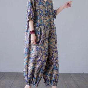 TEMU 2025 여름 신상 프린트 점프수트 여성용 루즈핏 V넥 9포인트 슬리밍 트렌드