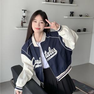 TEMU 레트로 내셔널 트렌드 스플리싱 대조 컬러 여성용 가을 겨울 긴팔 캐주얼 베이스볼 유니폼 재킷