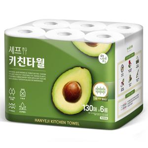 TEMU 한예지 천연펄프 무형광 셰프 키친타올 130매 x 6롤 1팩