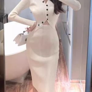 TEMU V넥 페이크 투피스 롱 스커트, 배 부분 강조 롱 슬리브 드레스, 허리 슬림 힙 스커트, 여성용 가을 겨울 원피스