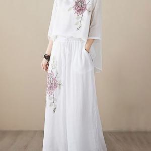 TEMU 여성 여름 얇은 캐주얼 라운드 면마 엄마세트 자수 루즈핏 빈티지 중년 반팔 티셔츠 바지 투피스 슬림소녀 SLIM GIRL