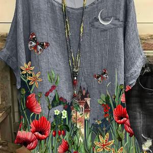 TEMU 플러스 사이즈 캐주얼 블라우스, 여성용 플러스 타이 다이 플로럴 & 프린트 라운드 넥 반소매 블라우스