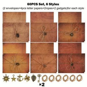 TEMU 60개 빈티지 A5 손글씨 편지 문구 세트 - 로프 잠금식 크라프트 종이 봉투, 무광 마감, 추수감사절, 사랑 편지, 초대장에 적합