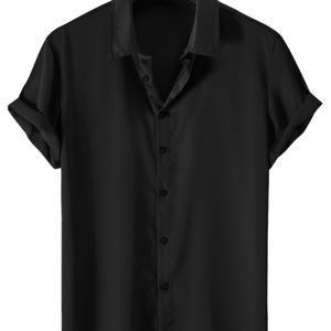 TEMU 남성용 스타일 솔리드 블랙 셔츠 - 클래식 칼라 버튼업, 신축성이 없는 원단, 세탁기 및 드라이클리닝 가능, 사계절 내내 캐주얼 및 정장용