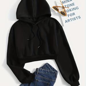 TEMU 캐주얼 스포츠 롱 슬리브 크롭 스웨트셔츠, 드로스트링 후드 스포츠 스웨트셔츠, 여성 의류