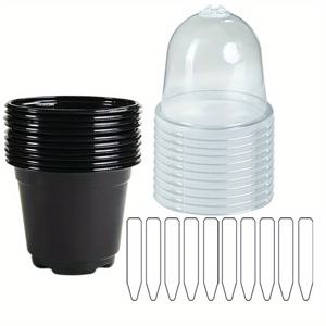 TEMU 10/15/20/30pcs, 3.5 인치 직경 검은 묘목 습도를 조절할 수 있는 투명한 덮개가 있는 폐쇄형 재배 냄비 원예 화분 심기 컨테이너 컵 파종기 묘목 재배를 위한 작은 시작 씨앗 시작 트레이, 10개의 식물 라벨 포함