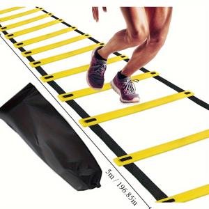 TEMU 조절 가능한 소프트 로프 사다리, 민첩성 및 피트니스 트레이닝용 - 노란색 단계와 검은색 스트랩이 있는 홈 체육관 장비, PE 소재, 축구, 농구 및 신체 이완에 이상적, 홈 피트니스 기어 | 휴대용 피트니스 사다리 | 기능적인 피트니스 장비, 체육관 액세서리