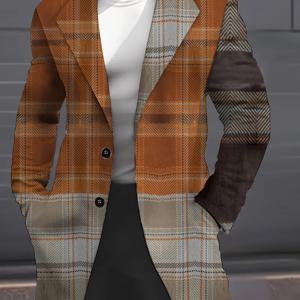 TEMU 우아한 플러스 사이즈 남성용 대비 색상 코트 - 봄, 가을, 겨울용 미디 재킷, 멋진 캐주얼 비즈니스 스타일, 폴리에스터, 세탁기 사용 가능, 플러스 사이즈