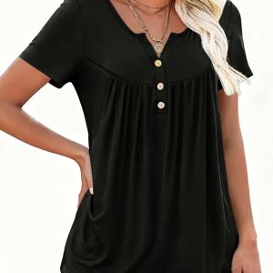 TEMU 올리브 그린 티셔츠 - 고신축 반팔 라운드넥 블라우스, 주름 방지 사계절 핏, 캐주얼 & 드레시 웨어, 청바지, 드레스, 휴가 룩에 어울리는 세탁 가능한 탑