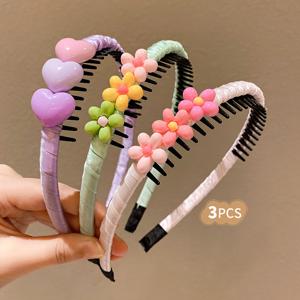 TEMU 3개 세트 여아용 컬러풀 하트 플라워 이빨 스큐치: 미끄럼 방지 헤어 액세서리
