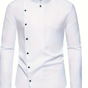 TEMU 슬림핏 셔츠 - 비대칭 칼라, 뾰족한 스탠드 칼라, 반팔 버튼 프론트 플라켓, 기계 세탁 가능, 사계절 맞춤 블라우스, 비즈니스 캐주얼 & 포멀 웨어 (버튼 셔츠)