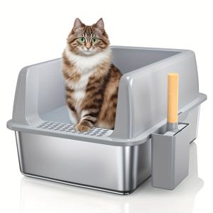 TEMU 초대형 스테인리스 스틸 고양이 화장실 상자 (뚜껑 포함), 높은 벽면 인클로저, 비점착, 누수 방지, 쉬운 청소, 정사각형, 내구성 ABS 소재, 멀티캣 가정용,애완동물 배변 트레이,밀폐형 디자인,현대적인 애완동물 액세서리,튼튼한 애완동물 제품,이지클린 리터 팬,누수 방지 고양이 모래 트레이,멀티캣 소유자,반려동물 부모