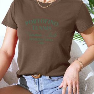 TEMU 여성용 캐주얼 반팔 티셔츠 - 포르토 테노 테니스 클럽 레터 프린트 라운드넥 탑, 올리브 그린 루즈핏, 봄 여름 가을 통기성 원단, 다재다능한 캐주얼 웨어, 클럽 스타일 티, 편안한 소재, 일상복, 부드러운 질감, 프린팅 티, 캐주얼 의류