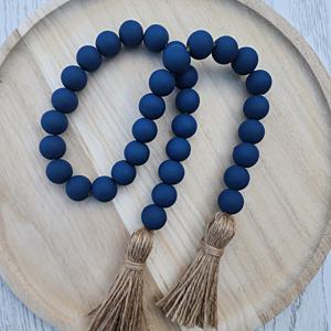 TEMU 우아한 네이비 블루 비즈 가랜드 태슬 - 농가 스타일 목재 비즈 장식 트레이 & 홈 액센트용 - 다용도 휴일 장식, 전원 필요 없음, 비즈 장식
