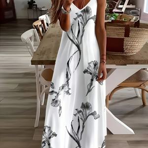 TEMU 여성용 우아한 V넥 민소매 맥시 드레스, 블랙 & 화이트 플로럴 프린트 - 캐주얼부터 포멀한 행사까지 다용도 올 시즌 드레스, 라운드넥 & 플로이 A라인, 캐주얼 복장 드레스 | V넥 드레스 | 플로이 A라인 드레스, 여성 원피스, 원피스, 여름 원피스, 꽃무늬 원피스, 가을 원피스, 휴양지 원피스