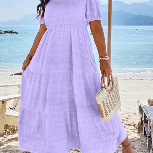 TEMU 플러스 사이즈 텍스처 러칭 티어드 드레스, 캐주얼 반팔 드레스 봄 & 여름, 여성 플러스 사이즈 의류