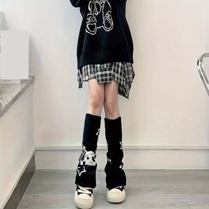 TEMU 여성용 스컬 & 스타 프린트 오버더니 소크 - 블랙 기하학 패턴, 신축성 편안한 핏, 뮤직 페스티벌 및 캐주얼 룩 레이어드 스타일