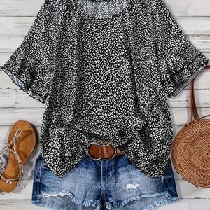 TEMU 여성용 우아한 블랙 & 화이트 프린트 블라우스 - 가벼운 100% 폴리에스터 라운드넥 반팔 티셔츠, 봄 여름 가을 캐주얼 및 정장 착용 가능, 세탁기 사용 가능