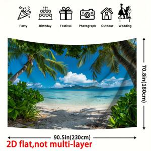 TEMU 2D 플랫, 여름 해변 배경, 파란 바다 & 하늘 - 풍성한 паль마 나무, 모래 해변, 산 풍경 - 사진 촬영, 사진 보관함, 이벤트 장식, 해변 액세서리에 적합