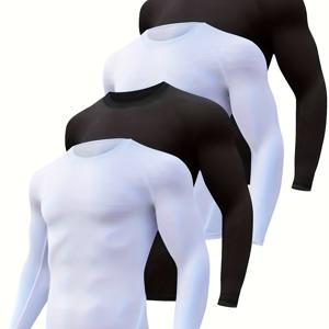 TEMU 4pcs MENATEN MK 남성용 퀵드라이 풀지퍼 긴팔 셔츠 - 고탄력 운동복, 체육관 & 수영 트라이슈트, 비운동복 (4pcs 세트) 보디빌딩, 서핑, 수영용 - 세탁기 사용 가능