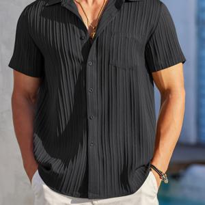 TEMU 남성용 경량 여름 야외 셔츠 - 캐주얼 버튼업, 수직 줄무늬, 짧은 소매, 가슴 포켓, 하이킹, 낚시, 여가 활동에 적합, 하이킹 의류, 통기성 소재