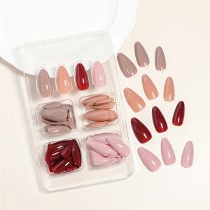 TEMU 96개 프레스온 네일 선물용 롱 아몬드 풀 커버 인조 손톱 세트, 4가지 색상 여성용 솔리드 컬러 프레스온 네일 (브라운 시리즈) & 테이프 1장 & 네일 파일 1개 포함