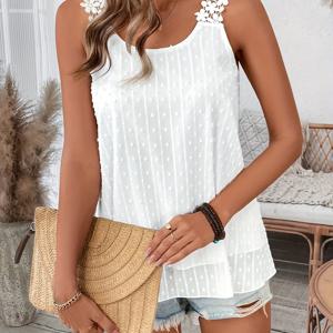 TEMU 여성용 우아한 쉬폰 베스트 탑 - 레이스 트림 & 태슬 숄더 스트랩, 가벼운 통기성 민소매 블라우스, 봄/여름 캐주얼~포멀 웨어, 장식 플로럴 레이스, 부드러운 소재, 섬세한 레이스워크, 스타일리시 여성 패션