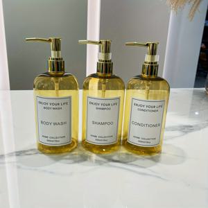 TEMU 샴푸, 컨디셔너, 바디워시용 3개 골든 리필 플라스틱 병 - 프탈레이트 프리, 무향, 방수 라벨 포함 - 호텔 및 가정용 이상적, 호텔 편의품 | 현대적인 욕실 장식 | 내구성 있는 플라스틱 병