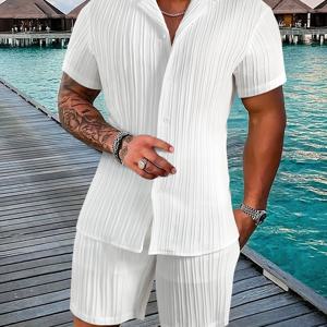 TEMU 남성 캐주얼 2피스 아웃핏, 남성 무지 버튼업 셔츠와 반바지 세트, 여름 캐주얼 웨어
