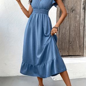 TEMU 텍스처드 겹치마 넥 셔링 허리 드레스, 우아한 러플 슬리브 A라인 맥시 드레스 봄 & 여름, 여성 의류