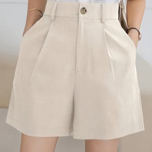 TEMU 봄 및 여름용 단색 고허리 턱 들어간 반바지, 여성용 캐주얼 슬랜트 포켓 반바지