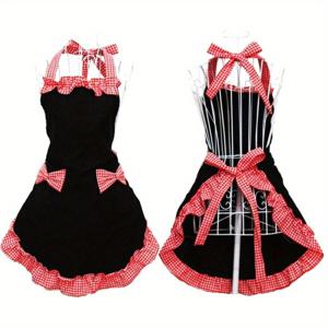 TEMU 매력적인 빈티지 주방 앞치마, 리본 포켓과 주름 장식 밑단 - 조절 가능한 깅엄 리본 - 부활절에 완벽 - 튼튼한 폴리에스테르 소재로 만들어짐