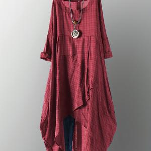 TEMU 플러스 사이즈 여성용 네이비 블루 & 화이트 체크 미디 드레스 - 비대칭 밑단, 드롭 숄더 롱 슬리브, 라운드 넥, 봄 여름 가을용 통기성 세탁 가능 원단, 캐주얼 휴가 리조트 웨어, 계절 패션, 비투명 소재