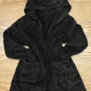 TEMU 솔리드 컬러 오픈 프런트 후디 퍼지 코트, 우아한 롱 슬리브 따뜻한 아우터웨어 가을 & 겨울, 여성 의류