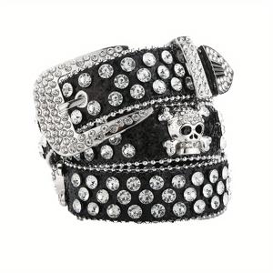 TEMU 1개 여성용 스컬 버클이 달린 라인스톤 장식 와이드 벨트 - 블랙 인조 가죽 스트리트 스타일 진 벨트, 합금 버클, 비직물 소재, 캐주얼 의상용 패션 액세서리, 캐주얼 벨트|스컬 장식 벨트|라인스톤 장식, 스컬 주얼리