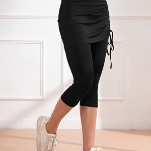 TEMU 스타일리시 캐주얼, 일상 야외, 워킹 조깅 피트니스, 여성 탄성 허리, 단색, 사이드 타이 디자인, 보우, 3/4 스커트 팬츠 세트, 녹색, 검정색, 파란색, 피아 녹색