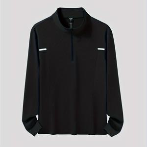 TEMU 남성 스포츠 퍼포먼스 긴팔 셔츠 - 폴리에스터 90%, 엘라스테인 10%, 스탠드 칼라, 지퍼 디테일, 약간의 스트레치, 단색, 니트 원단, 달리기, 트레이닝 및 농구에 이상적 - 봄/가을 시즌|남자셔츠