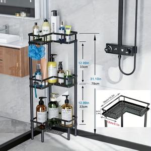 TEMU 스테인리스 스틸 3/4단 코너 샤워 캐디 - 녹슬지 않는, 홀로 서 있는 욕실 정리대, 빠른 배수 및 계층적 보관을 위한 중공 디자인 - 필수품에 완벽 - 검정색, 서 있는 선반|욕실선반