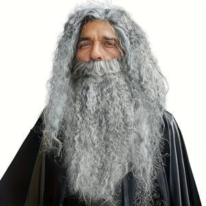 TEMU 회색 마법사 수염과 가발 - 할로윈, 크리스마스, 테마 파티에 완벽한 긴 곱슬 머리가 있는 리얼리스틱 회색 수염, 할로윈 코스튬 액세서리|펑키 스타일|직조 질감, 배터리 없이 사용 가능한 회색 마법사 가발, 남성용 회색 코스튬 액세서리|특별 메이크업 세트|다양한 사이즈 제공|크리스마스 파티 옷, 고무 밴드로 조절 가능한 회색 혼합 가발