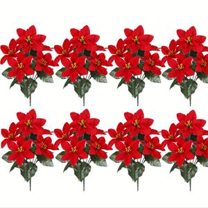 TEMU 8-팩 인공 포인세티아 부시, 7-헤드 실크 포인세티아 크리스마스 트리 장식, 축제 빨간색 & 흰색 꽃꽂이 홈 데코, 전원 필요 없음, 탁상 디스플레이, 다중 룸 유형, 크리스마스 휴일 시즌
