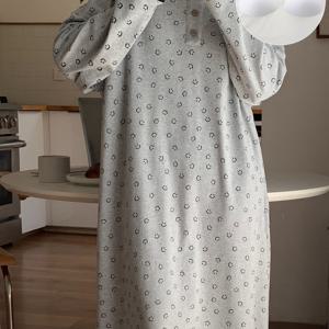 TEMU 여성용 귀여운 프린트 긴팔 잠옷, 내장 패드, 폴리에스테르 니트 나이트가운, 라운드 넥, 컷, 봄/가을 2024 신상품, 플러스 사이즈 캐주얼 기숙사용|여성원피스|가을원피스|빅사이즈