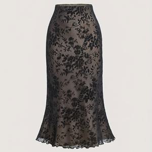 TEMU 우아한 하이웨이스트 플로랄 레이스 미디 스커트, 머메이드 헴 - 가벼우면서 통기성 좋은 폴리에스터, 봄/여름/가을 행사에 완벽