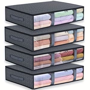 TEMU 4-팩 접이식 침대 아래 수납 백, 투명 창, 강화된 손잡이, 직사각형, 다목적, 쌓을 수 있음, 뚜껑 잠금, 회색, 가정 및 주방 정리함, 튼튼한 폴리프로필렌 소재