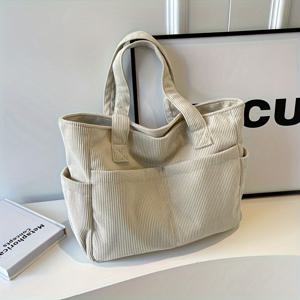 TEMU 스타일리시 코듀로이 여성 토트백 - 넉넉한 수납 & 세련된 디자인, 다수의 포켓, 내구성 좋은 스트랩, 지퍼 잠금 | 아미 그린, 다크 브라운, 그레이, 크림, 블랙 색상 제공 | 일상 사용에 완벽한 가방